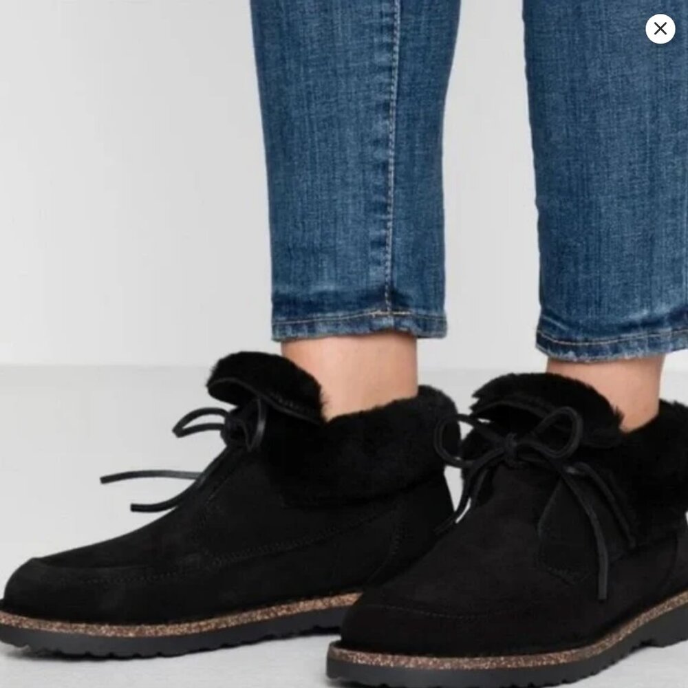 New Birkenstock Bakki Black Suede Shearling Ankle Boots Size US 5/EU 36
